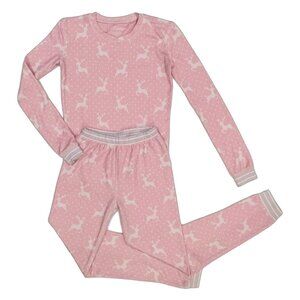 Girls Pink Reindeer Pajama Set Fitted 2-Piece Long Sleeve Size L PJ Salvage